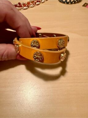 Tory Burch Gold-Stud Yellow Double Wrap Leather Bracelet